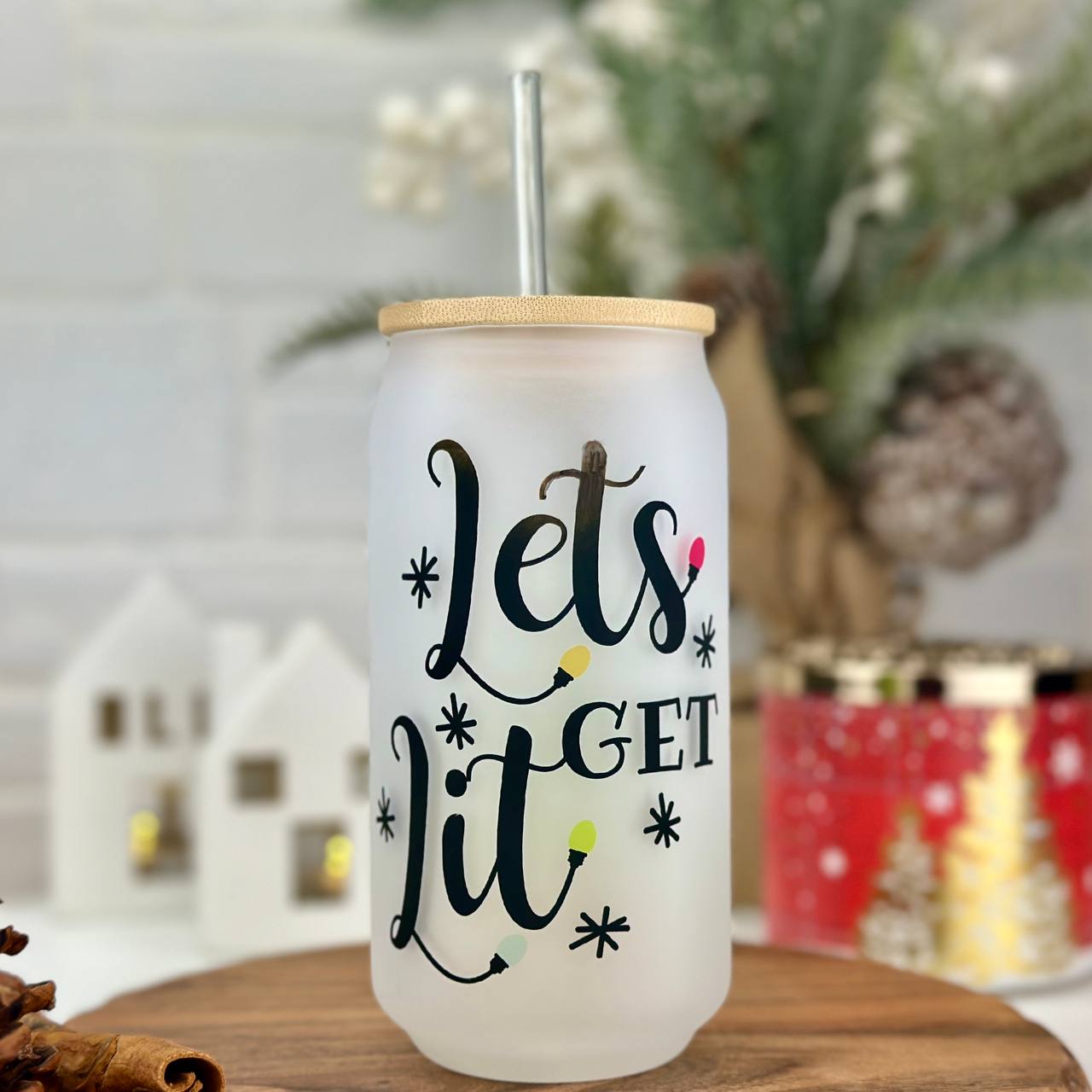 16oz Lets Get Lit Christmas Frosted Glass Libbey Cup , Sublimation