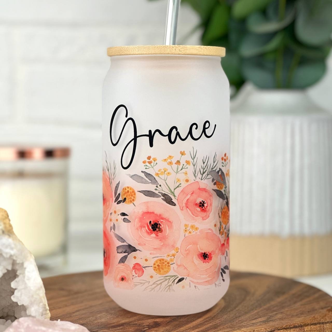 Personalized Flower Glass Can Cup, Frosted Glass Can Cup, Gift for her,  Bridal Party Gift