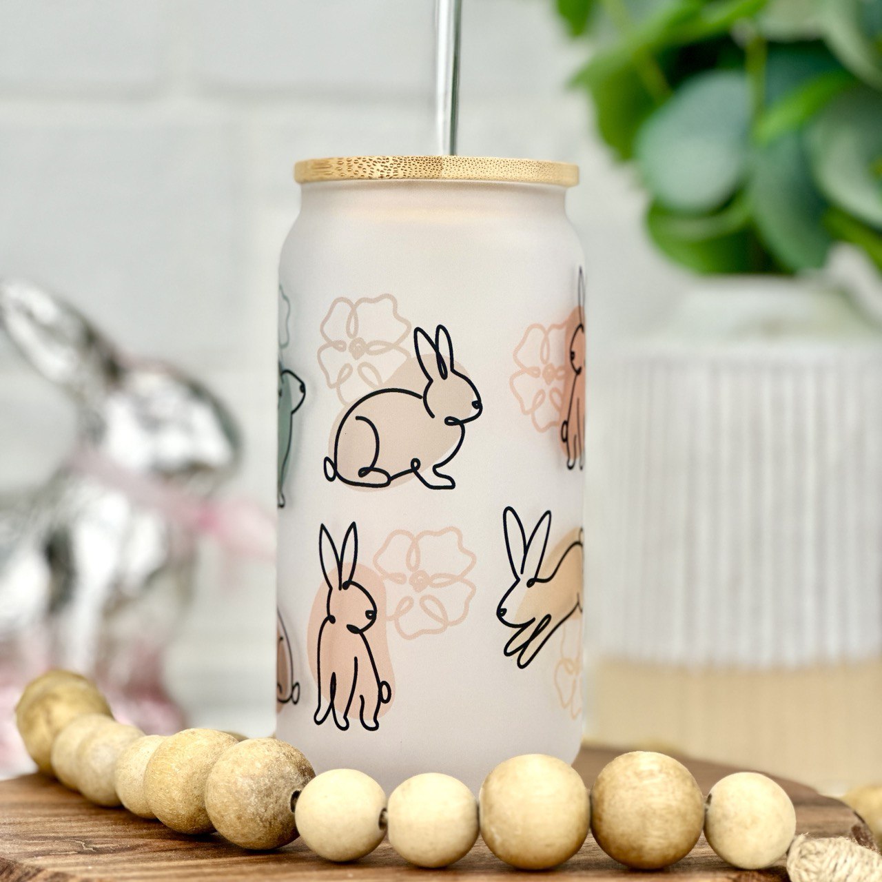 Pastel Bunny Glass Cup, Spring Glass tumbler, Bunny Cup, Boho Vibes, Easter  Cup