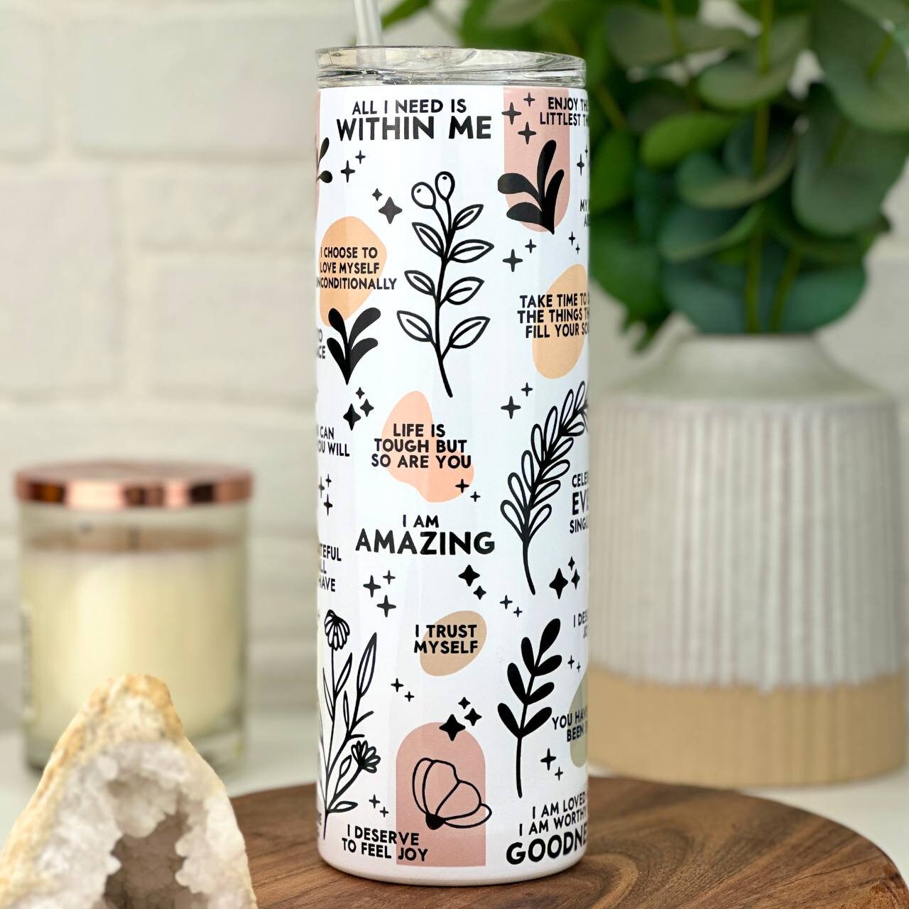 Daily Affirmations 20 oz Skinny Tumbler Wrap Sublimation Tumbler, Boho –  Simply Perfect Designs
