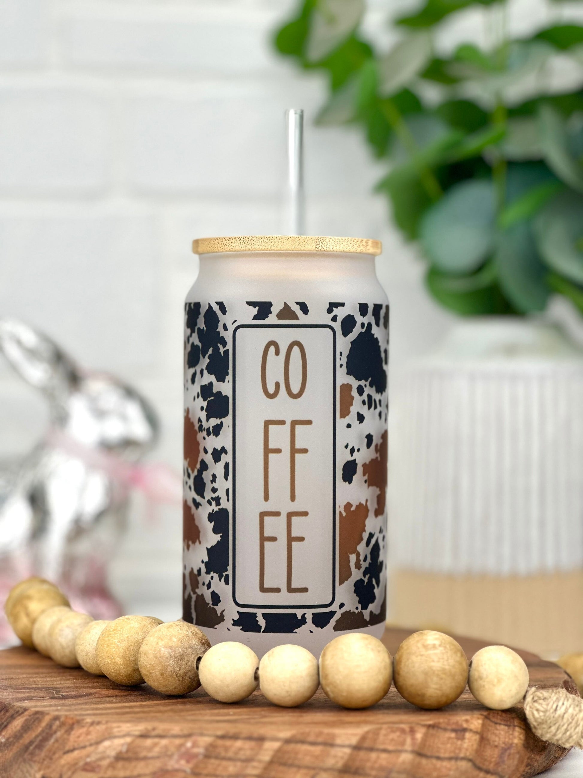 Cow Print Coffee Glass Can Cup, Cow print Tumbler, Coffee Glass cup, Beer  Can Cup, Bamboo Lid and Glass straw